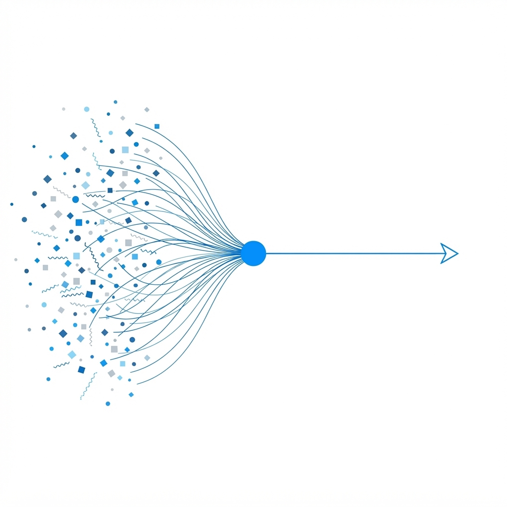 Illustration of many scattered signals converging into a single point and continuing forward as one clear direction